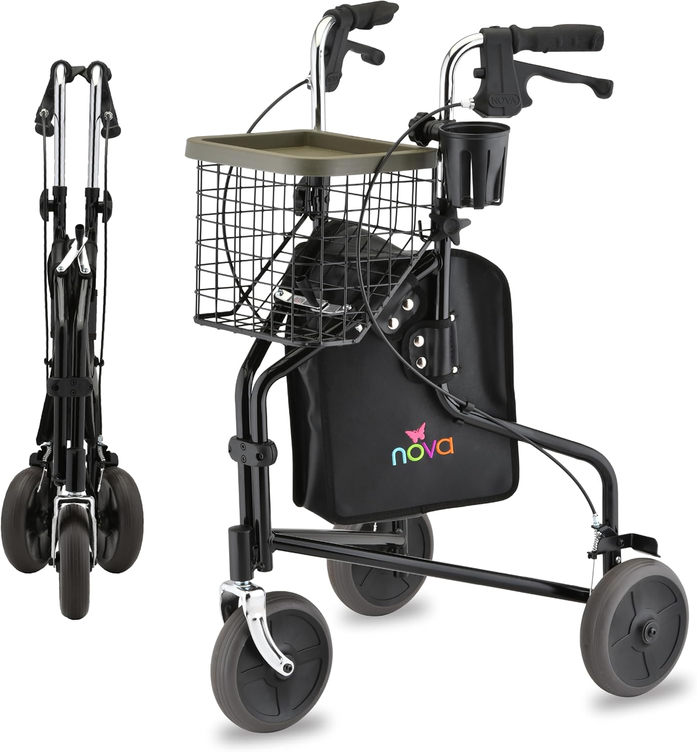 NOVA Traveler Folding 3-Wheel Walker with Tray, Basket, Pouch & Cup Holder, Lightweight Mobility Aid for Seniors & Adults, 8” All-Terrain Wheels for Tight Spaces & Travel, Black