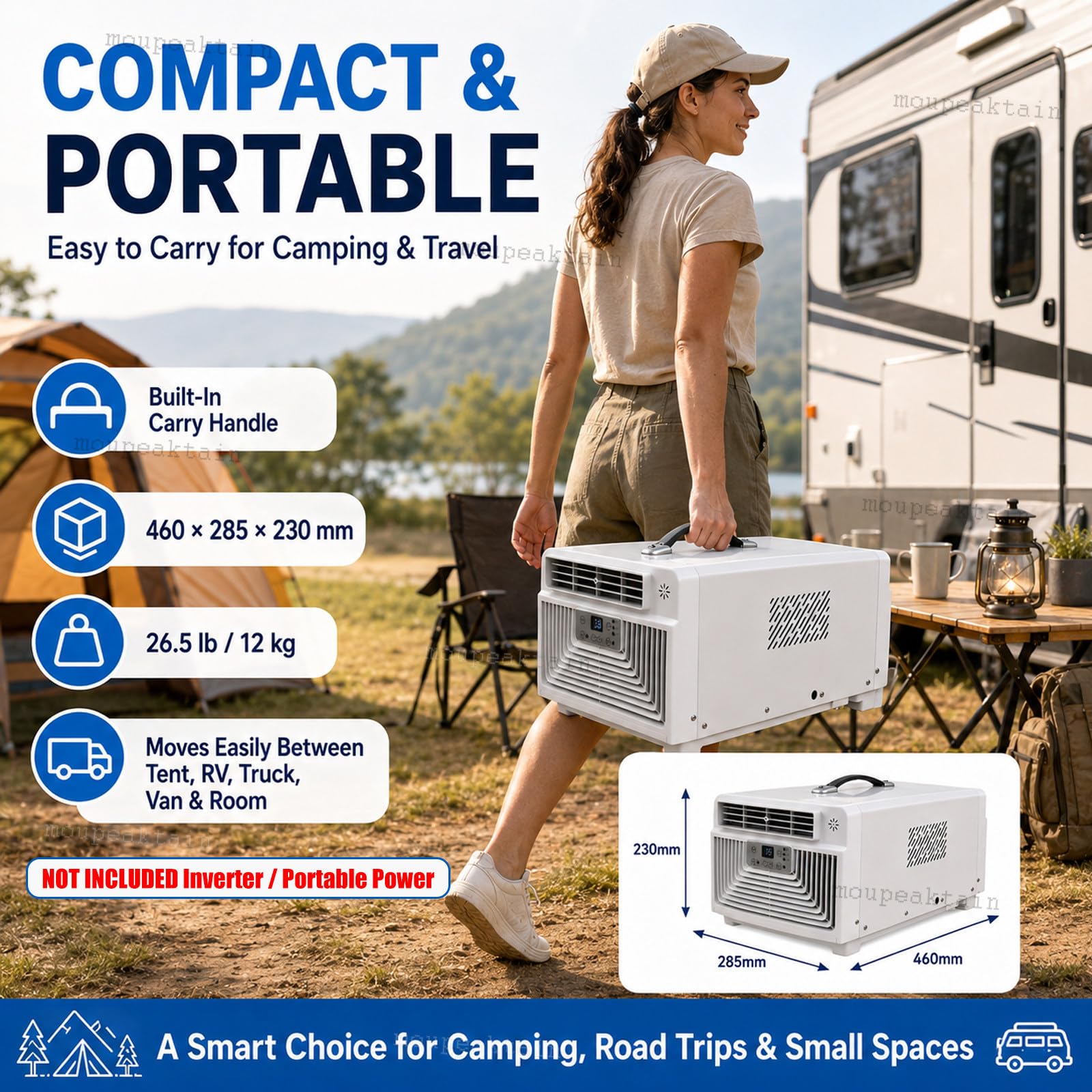 Aire Acondicionado 220V 3400 BTU, Climatizador Portátil 3 En 1 con Frío, Deshumidificador Y Ventilador Mando a Distancia, Temporizador 12h, para Autocaravana, Camión Y Habitación Pequeña