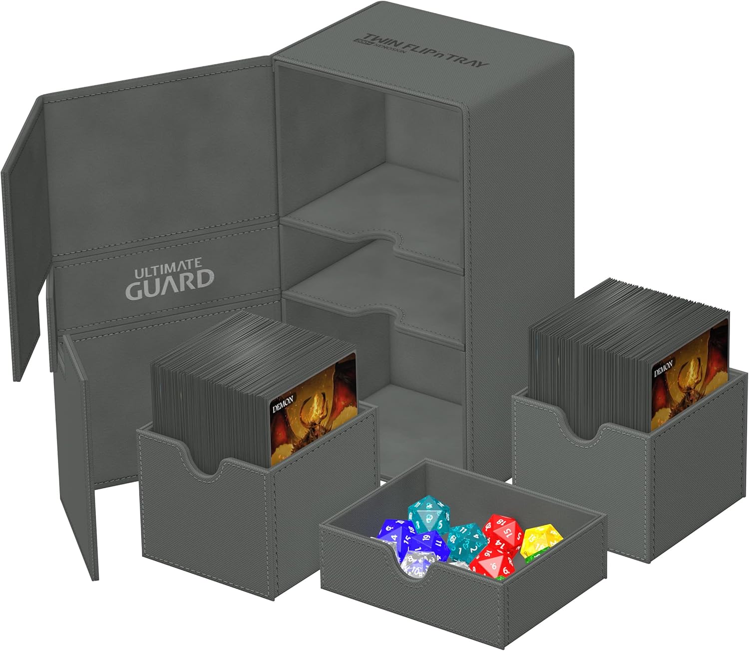 Ultimate Guard Twin Flip'n'Tray 200+, Deck Case for 200 Double-Sleeved TCG Cards + Dice Tray, Grey, Independent Magnetic Closure & Microfiber Inner Lining