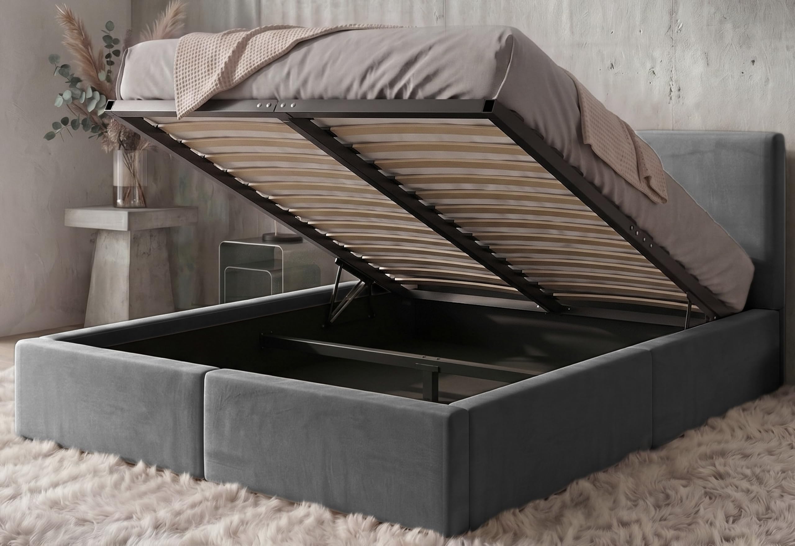 Interbeds Polsterbett 120x200 cm mit Bettkasten und Lattenrost – Stauraumbett Doppelbett in Grau Pflegeleichter Samtbezug Gepolstertes Bettgestell belastbar bis 300 kg ohne Matratze (Grau, 120x200)