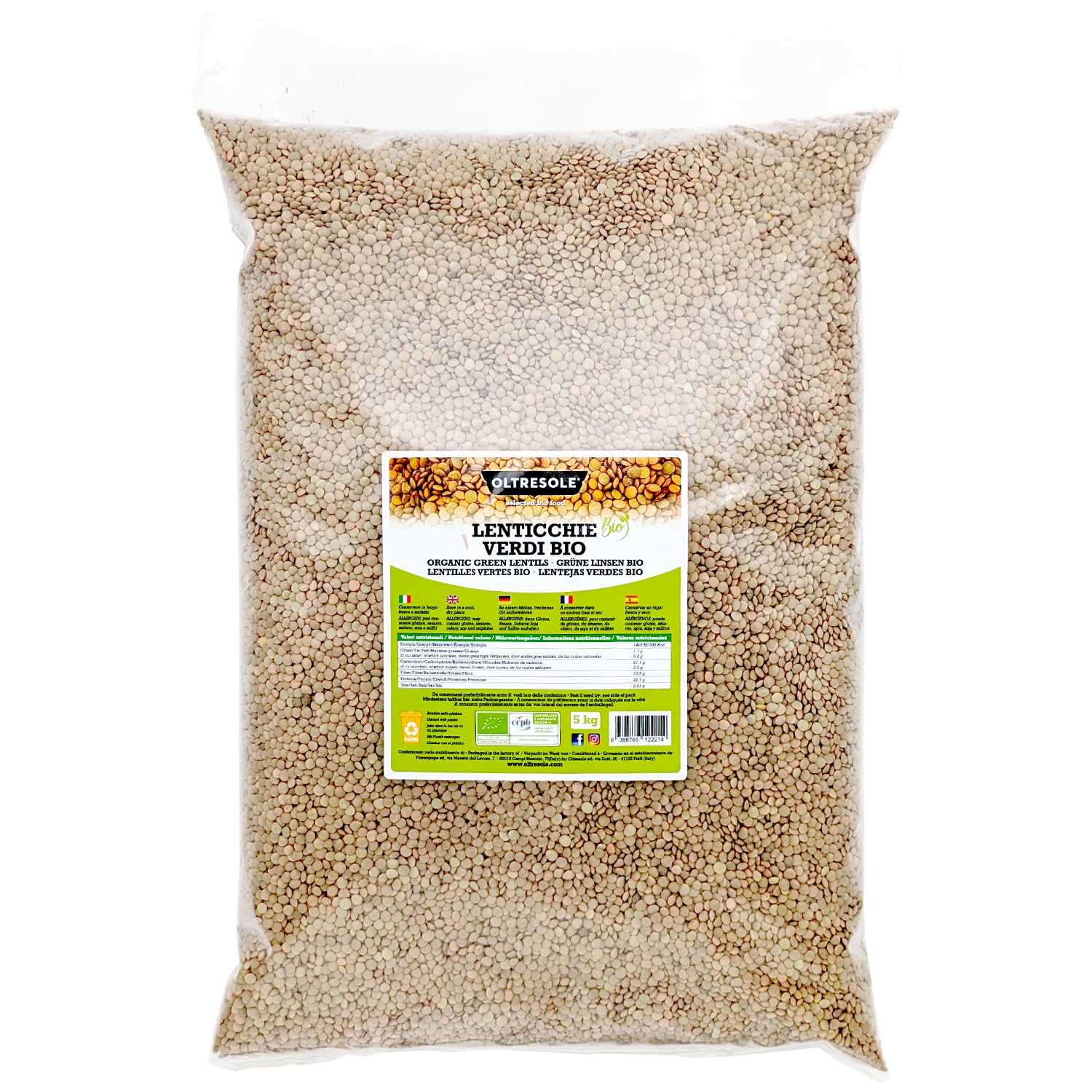 Oltresole, Lentilles vertes biologiques 5 Kg, Légumineuses entières biologiques séchées, source de protéines et de fibres, riches en fibres et en sels minéraux, format pratique