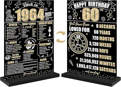 Cartel de mesa con el texto "Back in 1964" en color negro y dorado para hombres y mujeres, póster de madera vintage de 60 cumpleaños con soporte