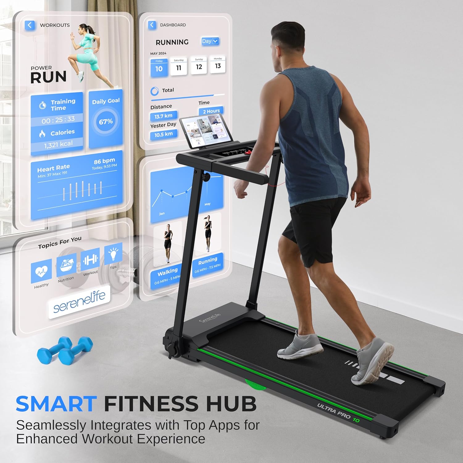 SereneLife Foldable Treadmill, Walking Pad with Handle, 2.5HP Quiet Fitness Equipment, Compact for Home, Office and Gym, 12 Pre-Set Programs, Space-Saving Design