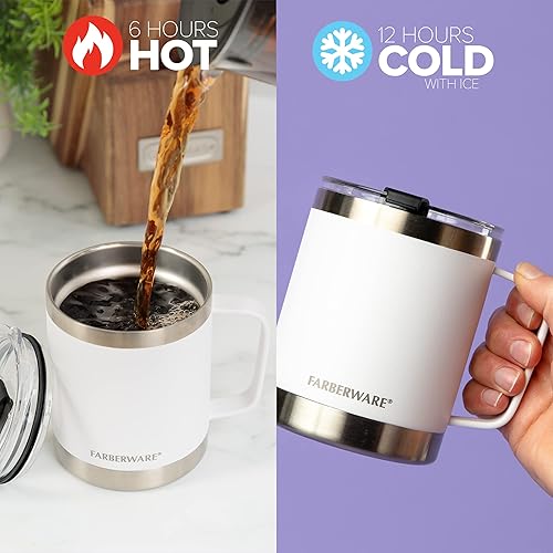 Miniatura 10 de Farberware Taza de acero inoxidable con tapa y asa, 12 horas de frío, 6 horas de calor, doble pared aislada, diseño sin sudor, apta para