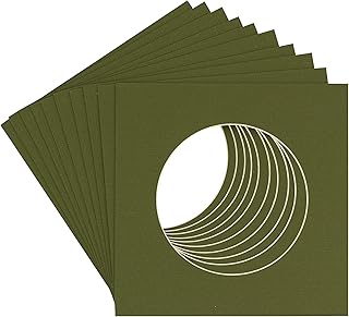 10x10 Mat Bevel Cut for 6x6 Photos - Precut Dill Green Circle Shaped Photo Mat Board Opening - Acid Free Matte to Protect Your Pictures - Bevel Cut for Family Photos, Pack of 10 Matboards