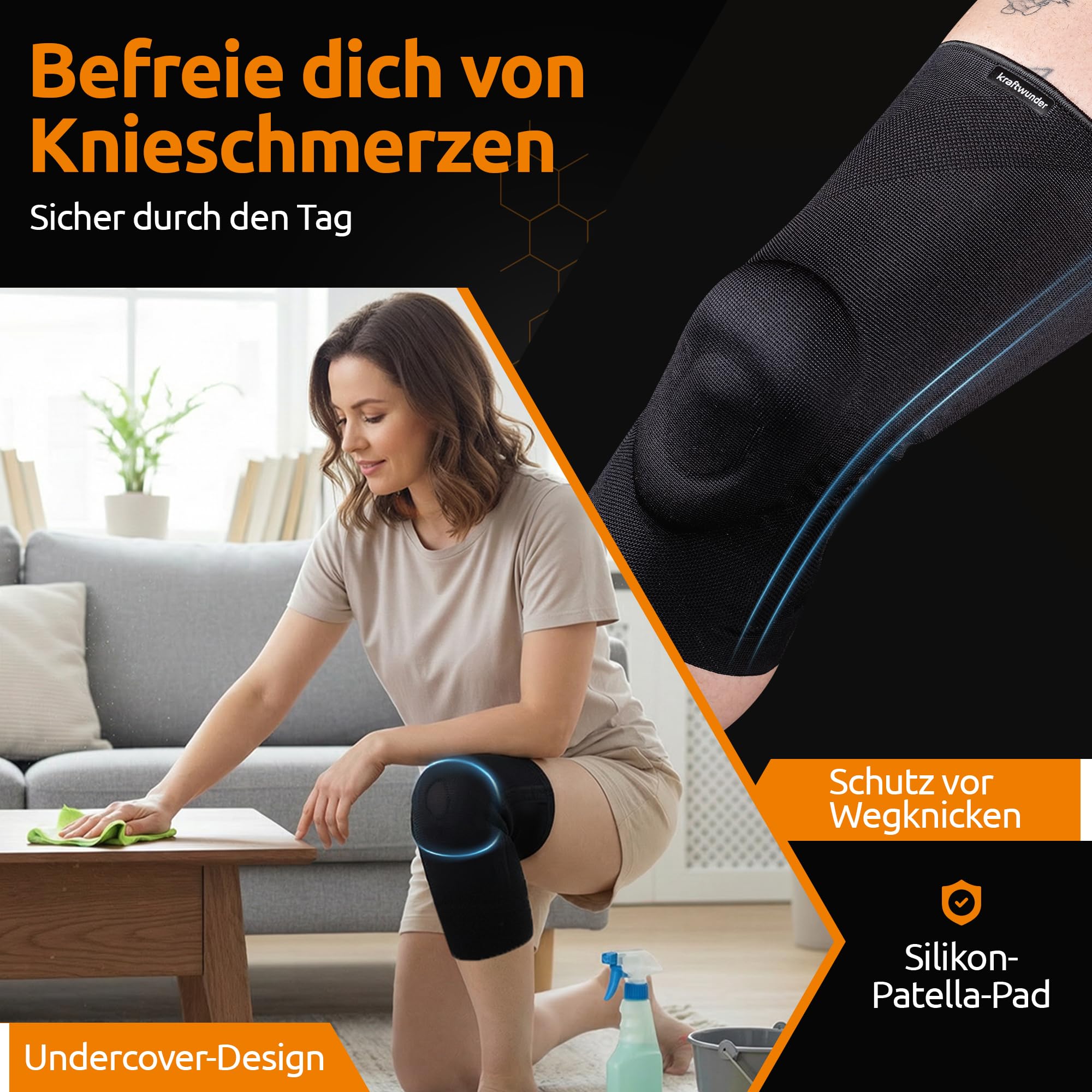 Kniebandage Männer & Damen | Made in Germany | mit Patella-Pad & Seitenstabilisatoren | Kniebandage für Sport, Joggen & Alltag (Schwarz, M)