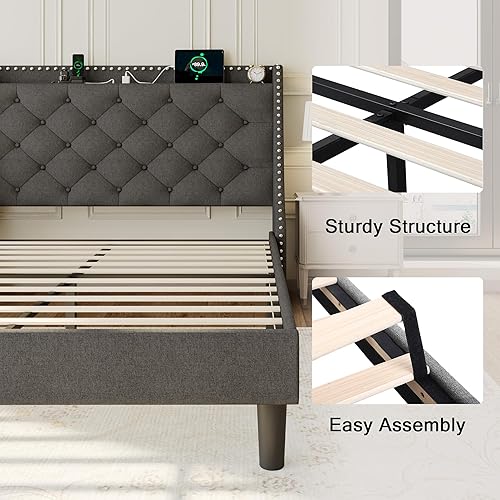 Miniatura 26 de Base de cama tamaño Queen con cabecero de almacenamiento capitoné con botones en la parte trasera y puertos tipo CA, plataforma tapizada, soporte de