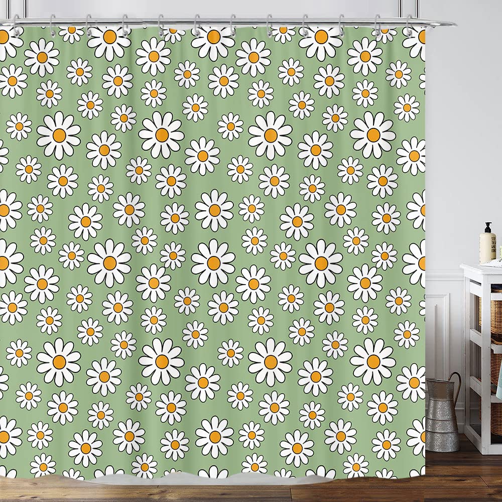 Retro 70S Floral Sage Green Shower Curtain for Bathroom