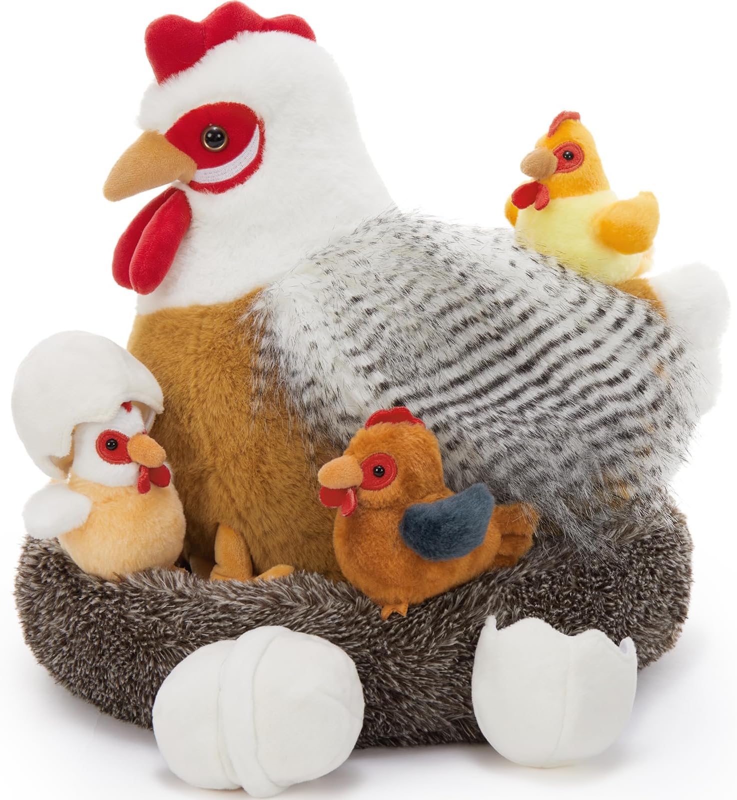 BENINY 8Pcs Chicken Stuffed Animal, Stuffed White Hen with Little Baby Chicks and Coop, Plush Toys for Kids, Hit of Christmas Farm Party