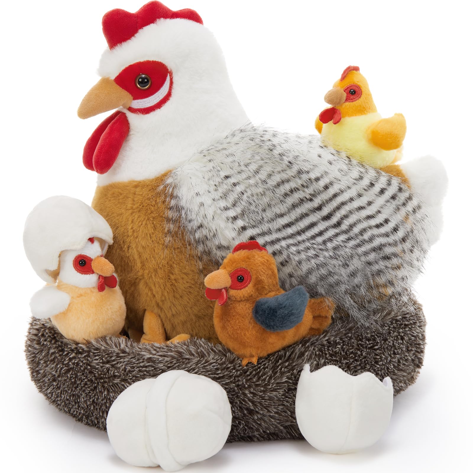 8Pcs Chicken Stuffed Animal, Stuffed White Hen with Little Baby Chicks and Coop, Plush Toys for Kids, Hit of Christmas Farm Party