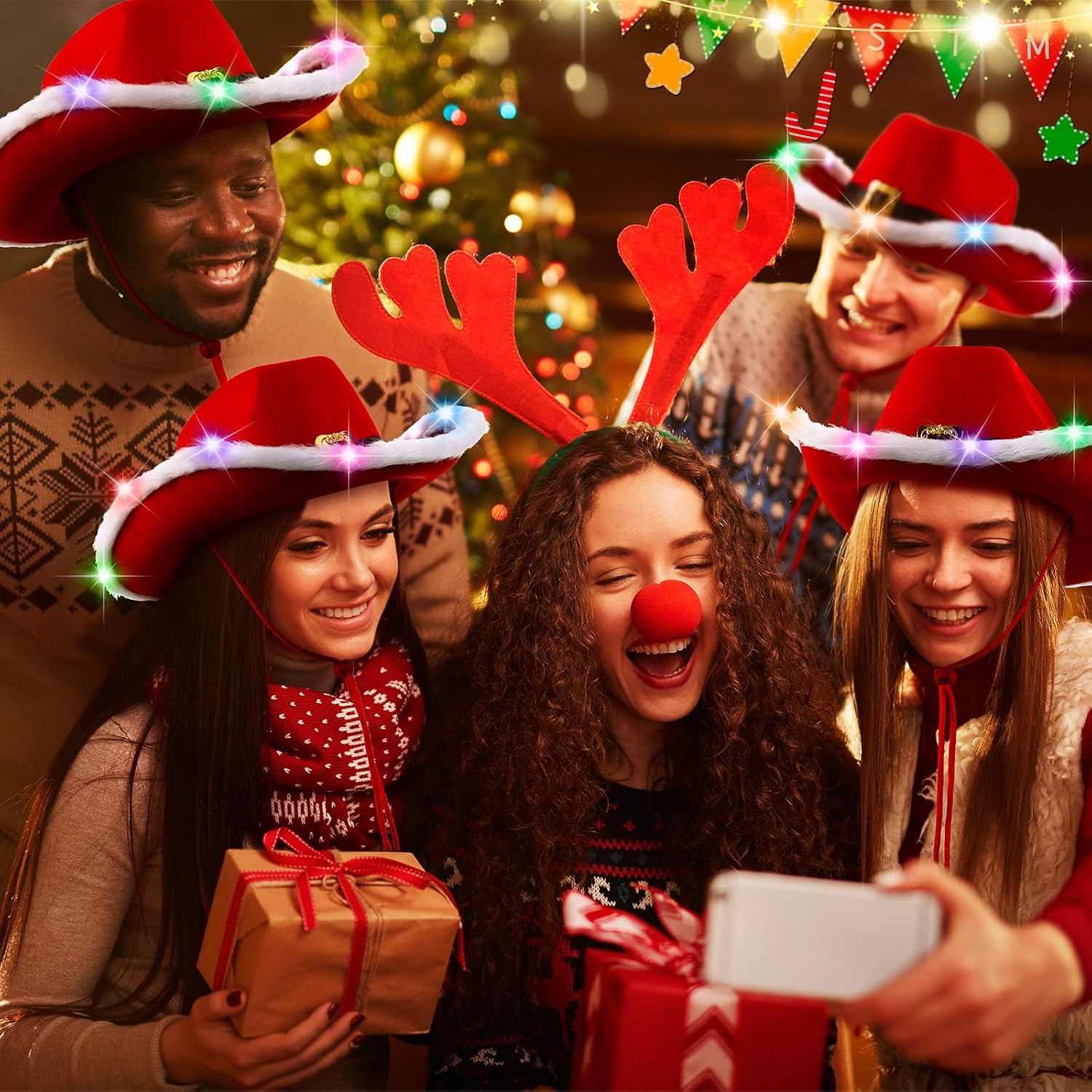Chuarry 6 Pieces Light Up Santa Claus Cowboy Hats Set, LED Christmas Cowgirl Hat, Red and White Cowboy Hats
