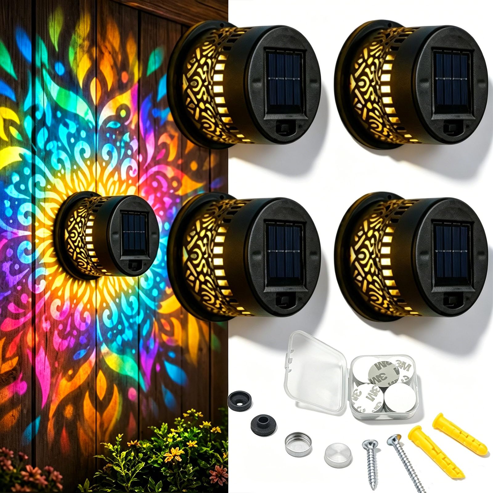 rialgirw Solar Mandala Wall Lights, Seven‑Color Changing Outdoor Decorative Projection Lamp, Waterproof Metal Fence Light for Yard Garden Patio Backyard Post (A,4PCS)