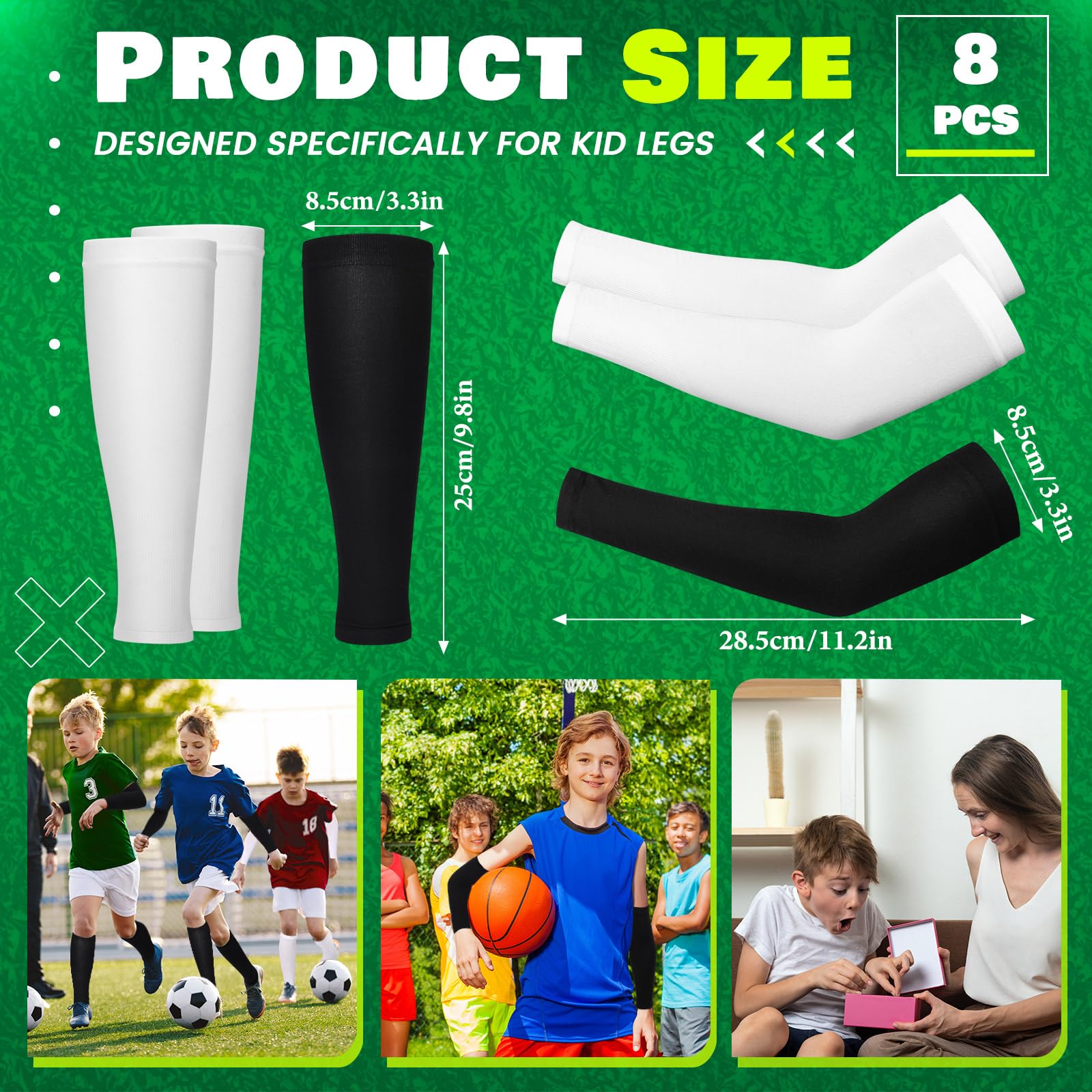 RoundFunny 4 Paar Kompressions-Beinstulpen und Armstulpen für Basketball, Jugendliche, Fußball, Fußball, Sportstulpen für Jungen und Mädchen, Schwarz, Weiß, Einheitsgröße, Schwarz, schwarz, weiß, One