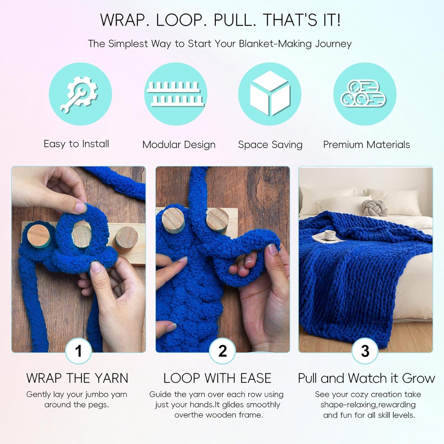 55" Chunky Blanket Loom: Adjustable Size Hand Knitting Yarn Chunky Loom for DIY Throw Blankets, No Needles Required,Beginner Friendly Yarn Craft, Ideal for DIY Beginners