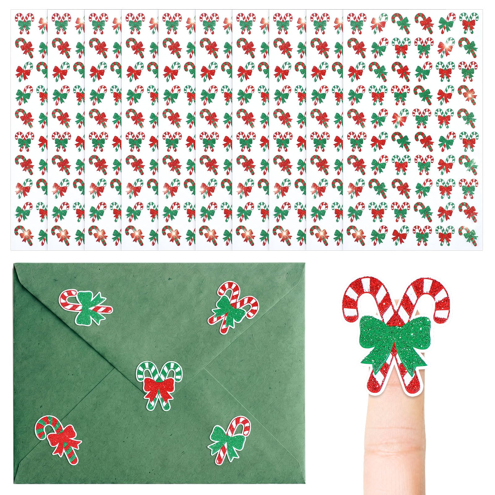 Honoson 600 Pcs Christmas Candy Cane Tiny Glitter Stickers Self Adhesive