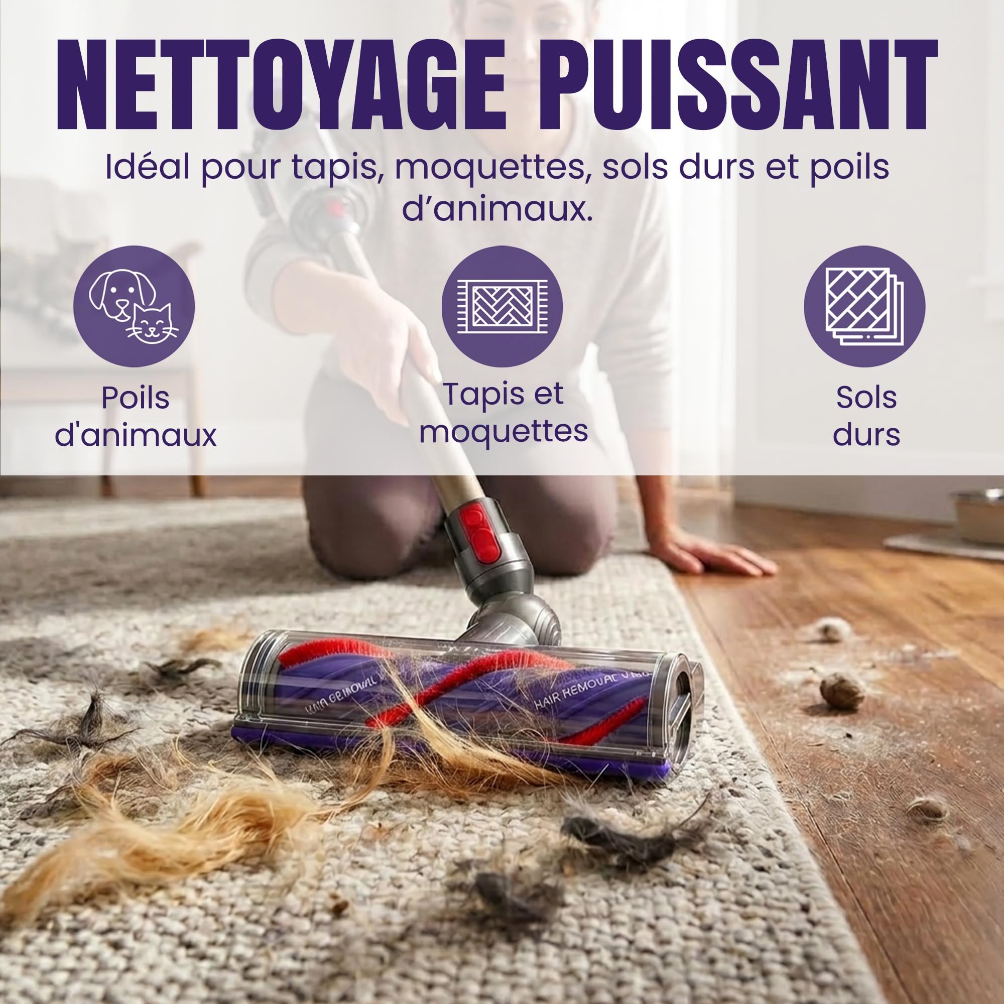 Brosse Compatible Dyson V15 V11 V10 V8 V7, Tête Aspirateur Dyson avec LED Verte et Anti-Enchevêtrement, Nettoyage Efficace des Poils d'Animaux sur Tapis, Moquettes et Sols Durs | LED Verte Intégrée et Technologie Anti-Enchevêtrement