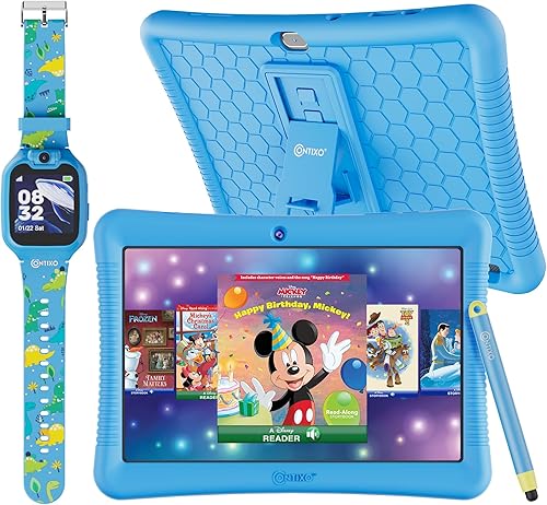 Contixo K102 - Tablet Android de 10 pulgadas y reloj inteligente KW1 para niños, 32 GB, incluye más de 80 libros de cuentos de Disney, reloj Azul
