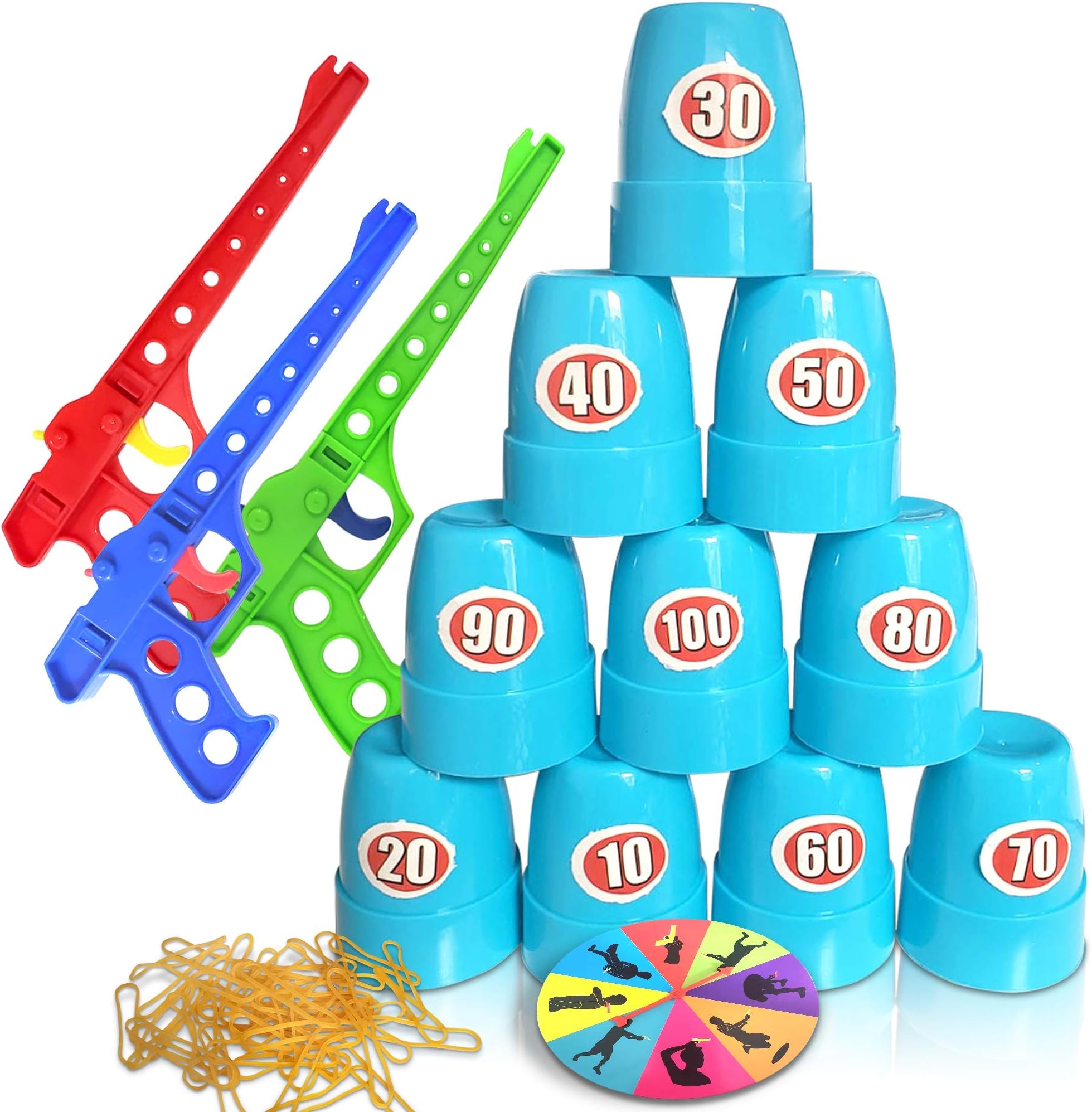 ArtCreativity Shooting Competition Game for Kids, Includes 3 Toy Guns, 100 Rubber Bands, 10 Cups, Rubber Band Guns for Kids, Score Stickers and Instructions, Fun Target Practice for Boys & Girls