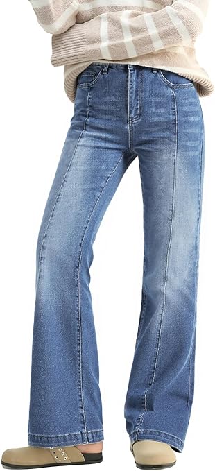 EMMIOL Women Bootcut Jeans Flare Jeans Mid-High Waisted Stretchy Straight Leg Jeans Trendy Seamed Front Loose Denim Pants
