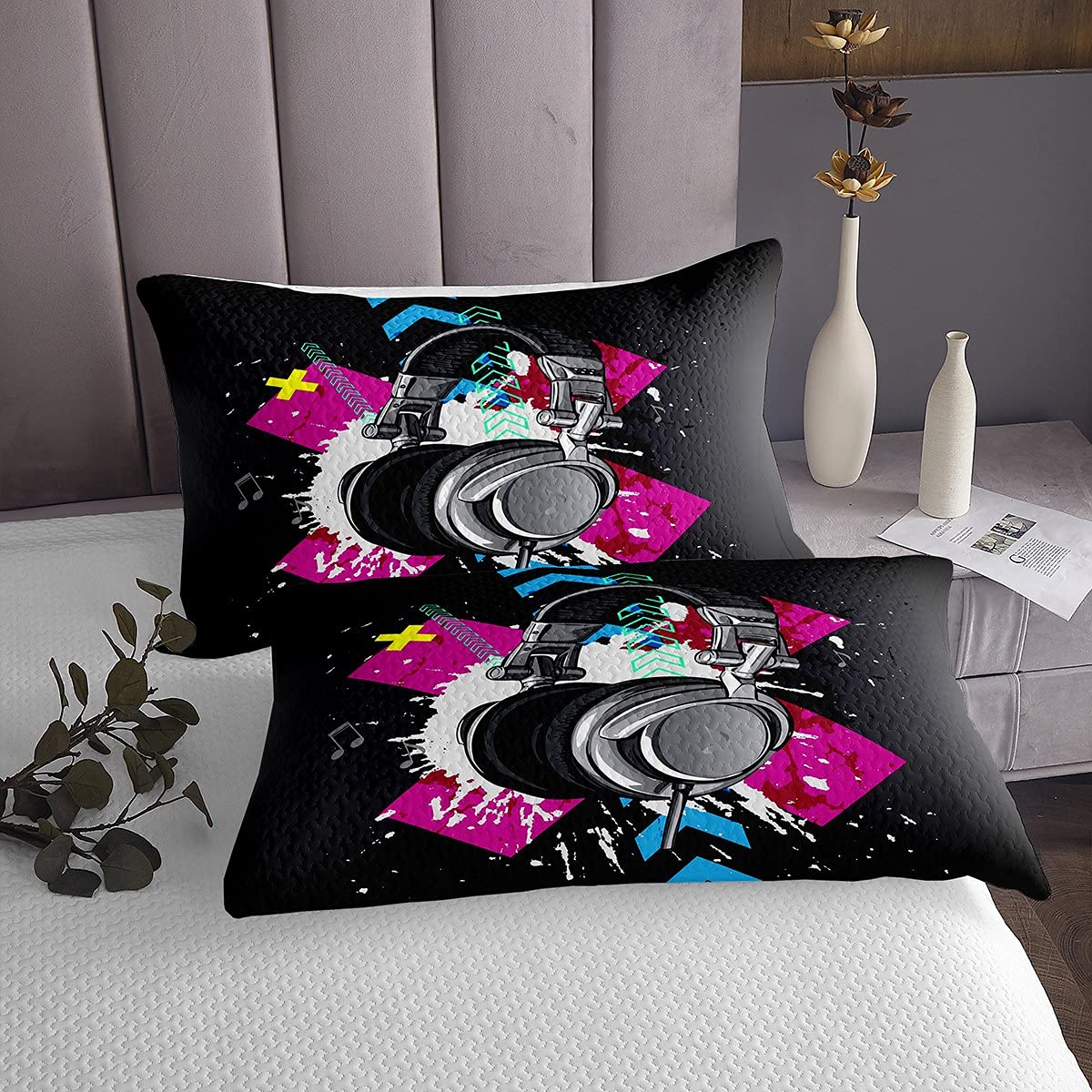 Copricapo per cuffie con musica hip hop, 3 pezzi, trapuntato, con geometria hippie, graffiti, per bambini, ragazzi, ragazzi, adolescenti, con 2 federe per cuscini, king size