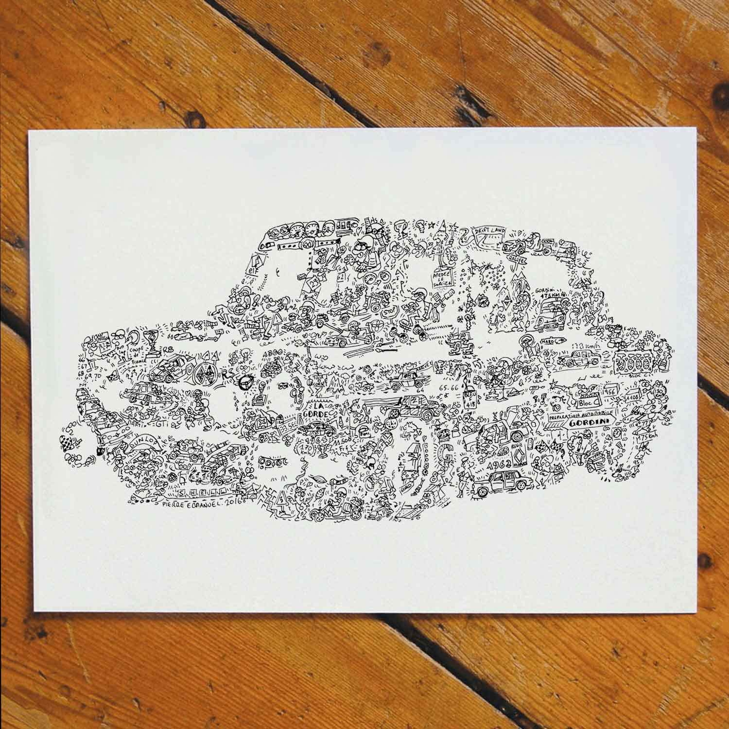 La R8 gordini - Affiche de la voiture de course des années 60 - Drift et jeannot dans la silouhette - Stencil bande dessinée - dessin biographie - Gorde sorcier mecanique (50x70cm)