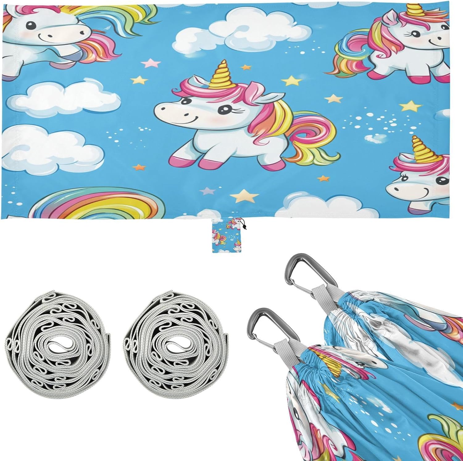 ALAZA Cute Rainbow Unicorns Cartoon Camping Hammocks Single or 2 Person 500 lbs Portable Parachute Travel Hammock w/Tree Straps for Hiking Backpacking Indoor Outdoor