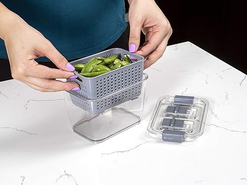 Miniatura 25 de Kitchen Spaces Organizador apilable de almacenamiento de alimentos de doble colador para refrigerador, congelador y despensa, 8.8 x 6.8 x 3.9 Verde