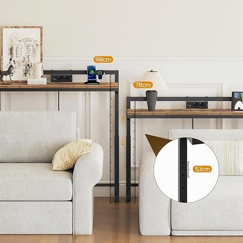 YATINEY 180 cm Console Étroite, Hauteur Réglable 70-90 cm, Table de Canapé, Multiprise Coulissante (2 AC, 1 USB-A, 1 Type-C), Câble 2 m, pour Entrée, Couloir, Salon, Chambre, Marron Rustique et Noir - 5