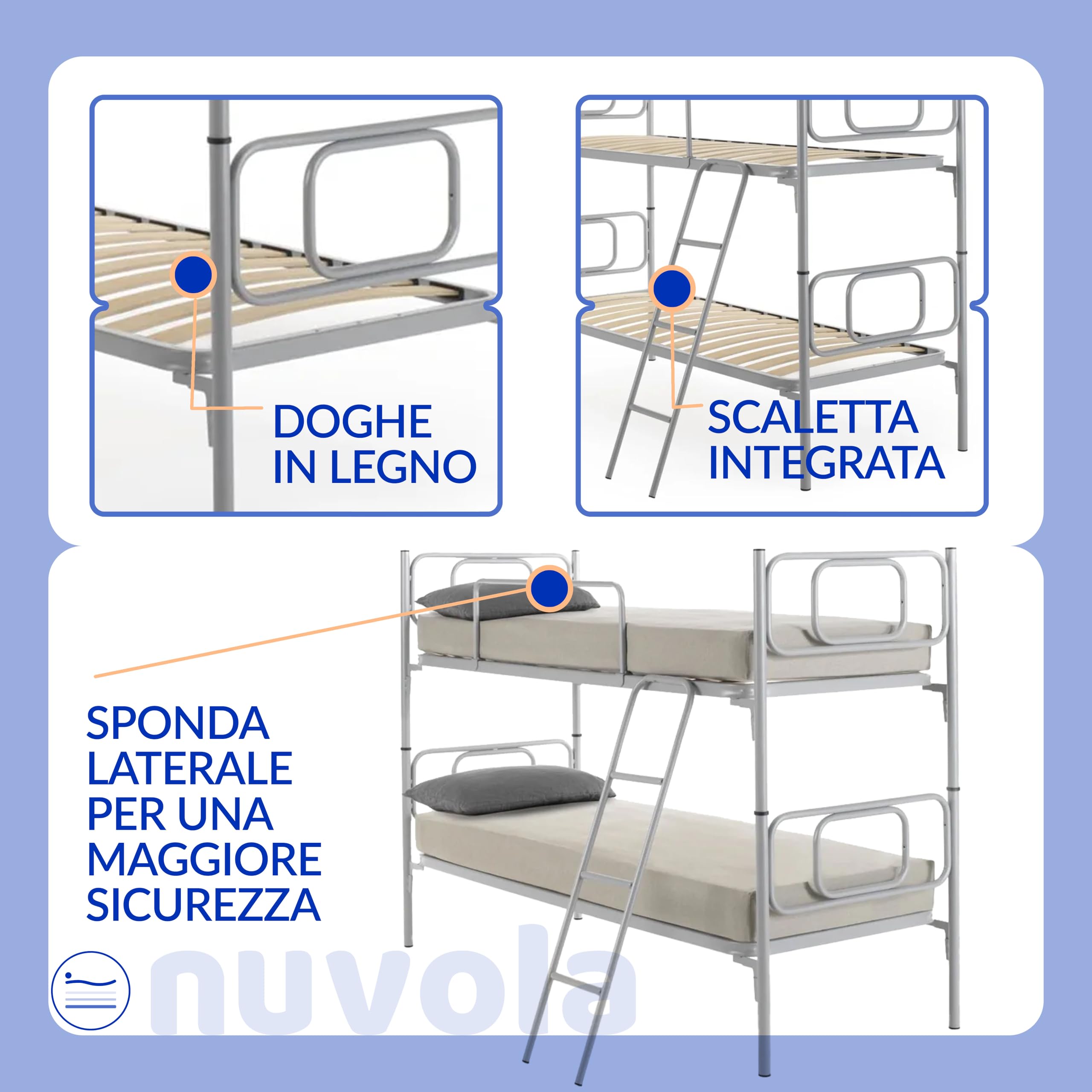 NUVOLA Sirio - Letto a Castello per Bambini e Adulti con Scaletta e Sponda Laterale di Protezione, Include Rete a Doghe Singola 80x190 - Scomponibile in 2 Letti Singoli, Altezza 146 cm, Made in Italy