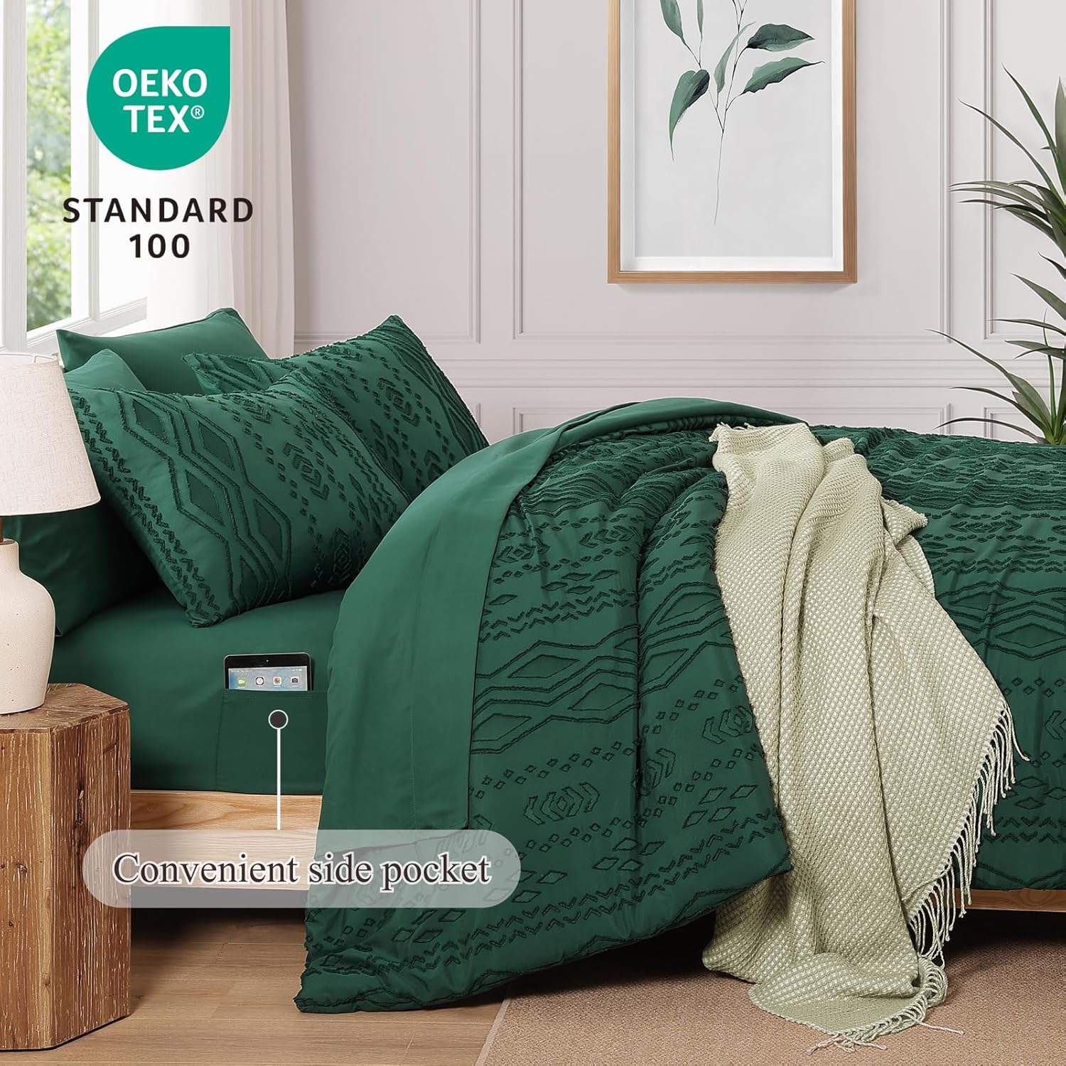Queen Comforter Set Emerald Green, Tufted Boho Bedding Farmhouse Dark Green Bed Set, All Season 7 Pieces Bed in a Bag with Sheets, Pillowcases & Shams - Image 5
