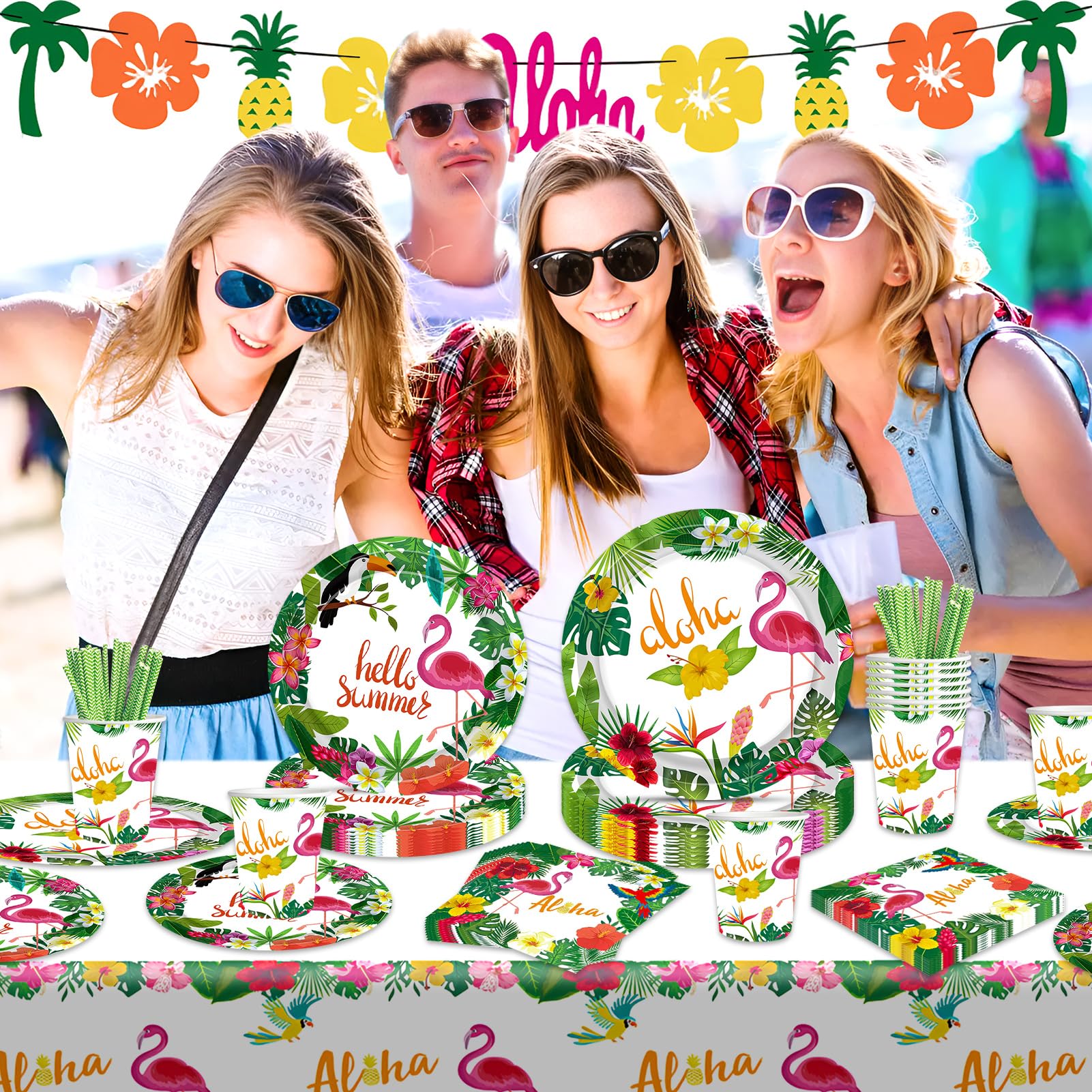 102 Pezzi Set Stoviglie per Festa Hawaiana con Piatti Carta Fenicotteri Hawaiane Bicchieri di Carta Tovaglioli Tovaglie Decorazioni per Festa Hawaiana per Party Hawaiano (Stile 1)