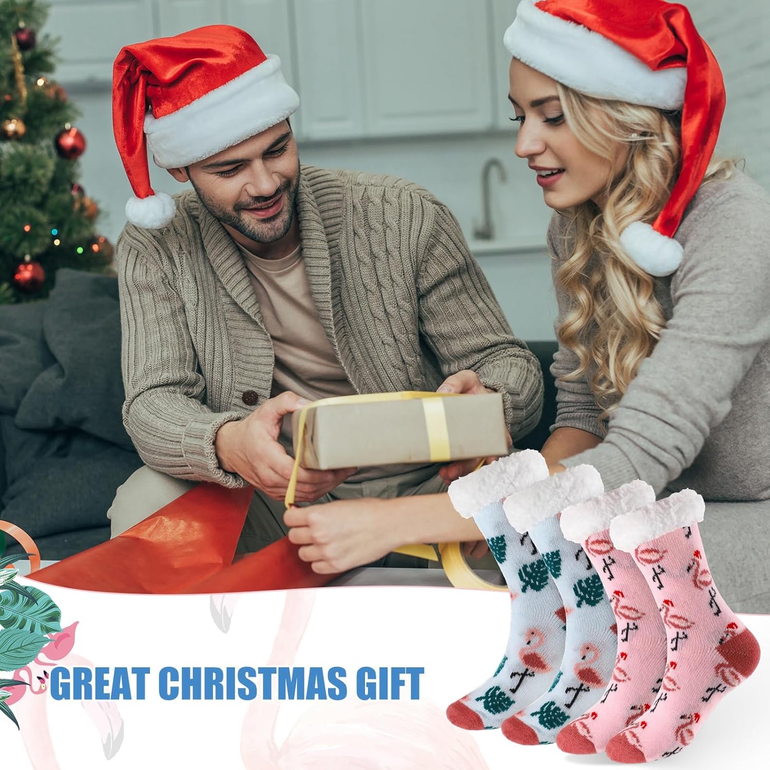 Foaincore 2 Pairs Flamingo Slipper Sock Winter Fleece Lined Fuzzy Thermal Socks Non Slip Christmas Party Favors Gifts - Image 7