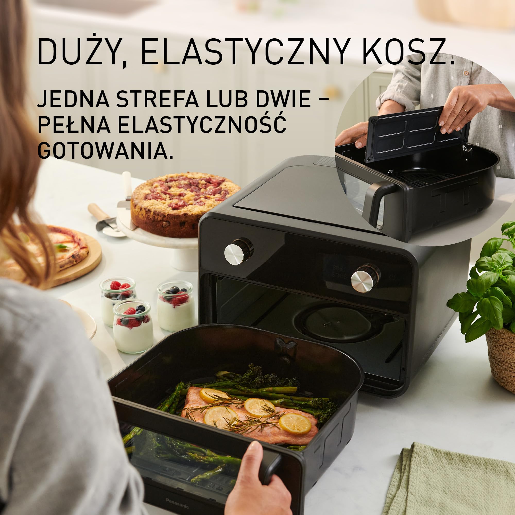 Panasonic NF-BC1000KXE Frytkownica beztłuszczowa Air Fryer Flex z okienkiem, 30°-230°C, 9,6 L, podwójny kosz, delikatna para, 8 programów, łatwe czyszczenie, czarna