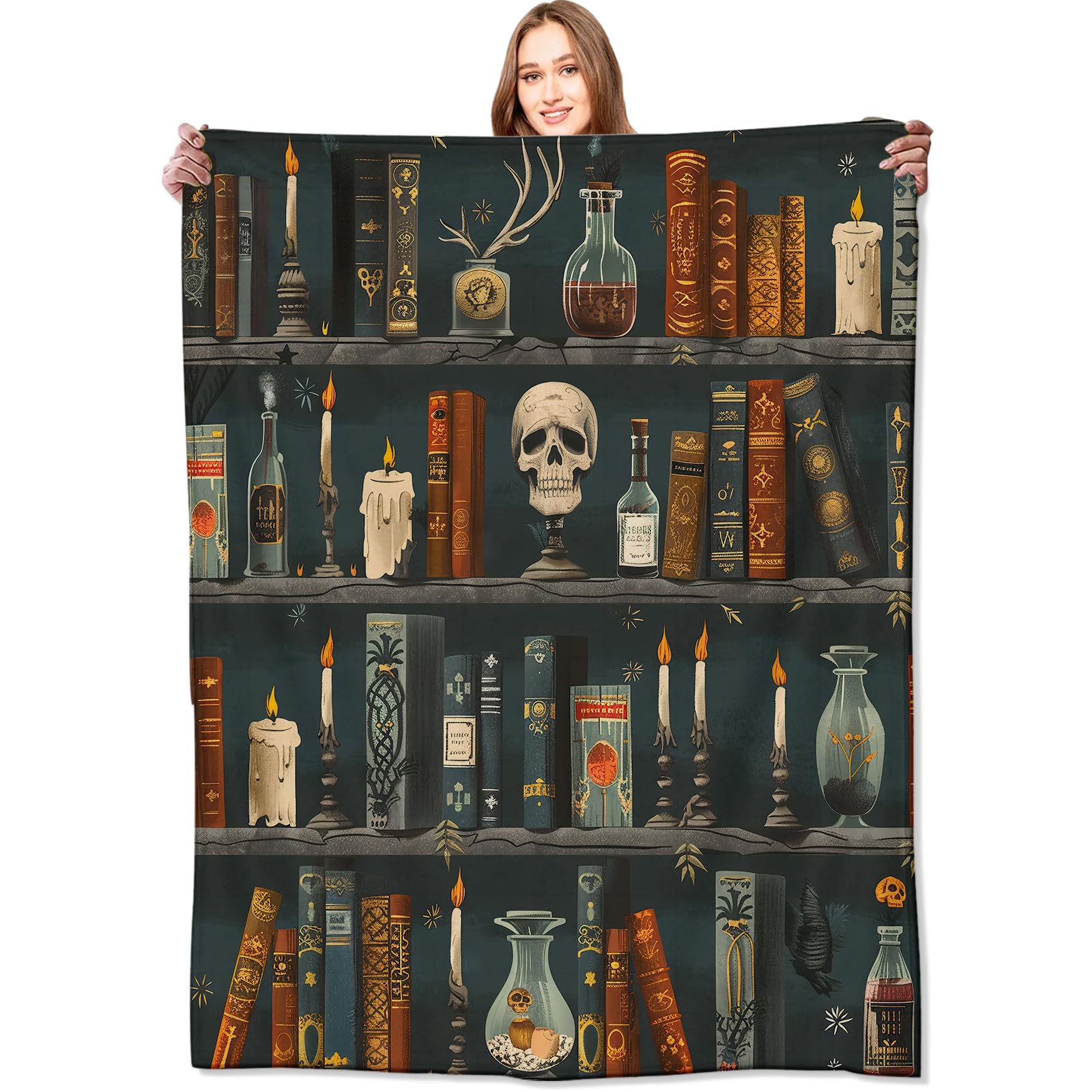 Spooky Goth Blanket Gothic Black Cats, Skulls, and Bats Throw Blankets Gifts for Girls Boys Adults Lightweight Soft Fleece Cozy for Sofa Couch Bed Room Travel Birthday Halloween Decor 50x60in: 50x60in Book