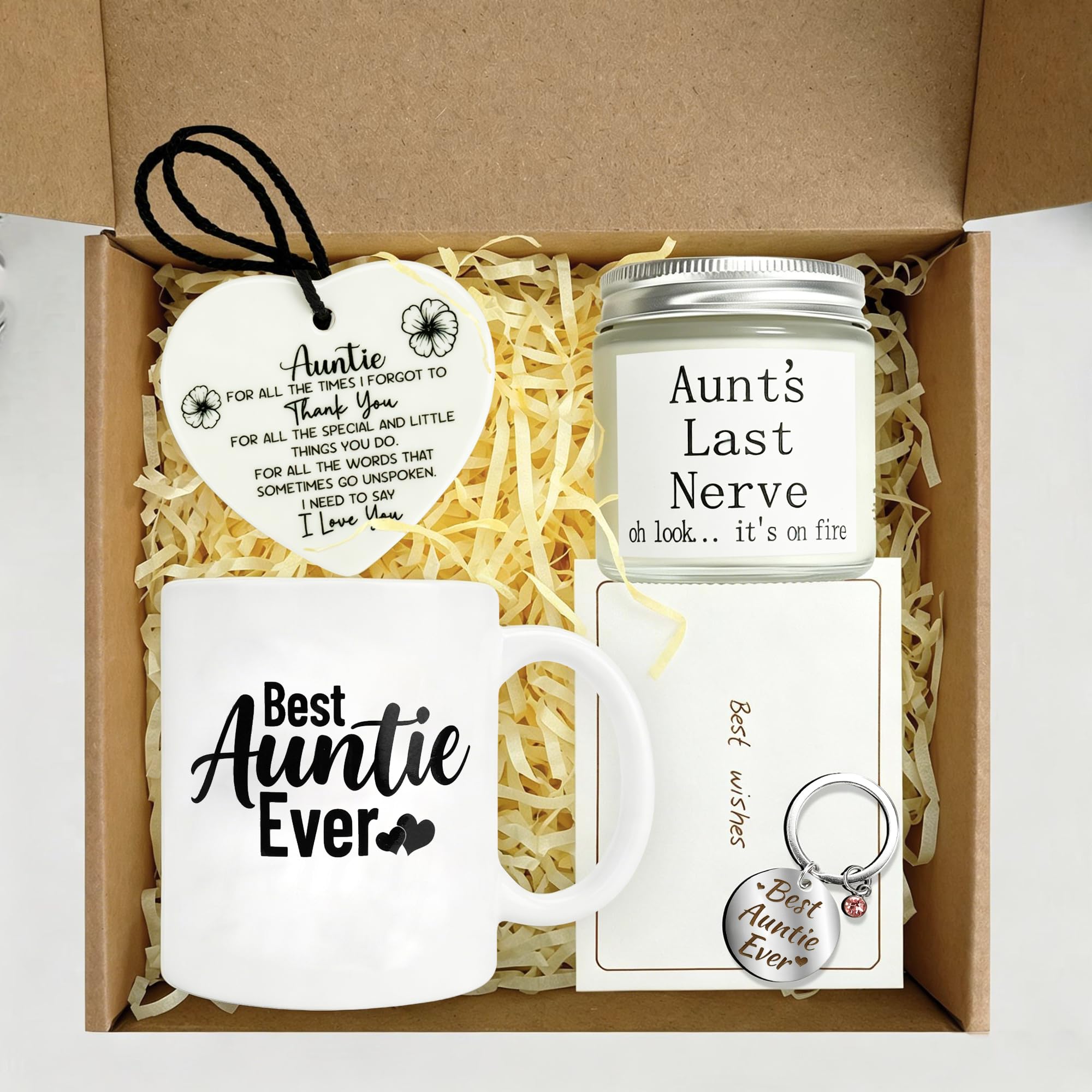 Splandiant Auntie Gifts, Birthday Gift for Aunty, Best Auntie Gifts from Niece Nephew Present for Aunt Birthday, Christmas or Secret Santa – Includes Mug, Candle, Keychain & Hanging Heart Ornament