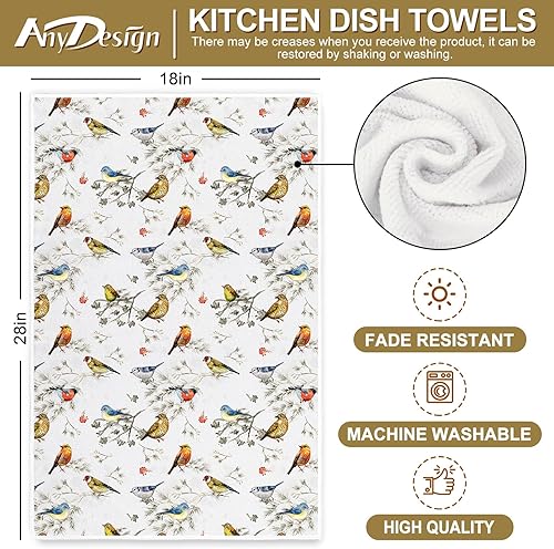 Miniatura 2 de AnyDesign - Toalla de cocina navideña con ramas de pino, pájaros, toalla de cocina rústica de secado a mano para limpiar, 2 piezas, 18 x 28 pulgadas