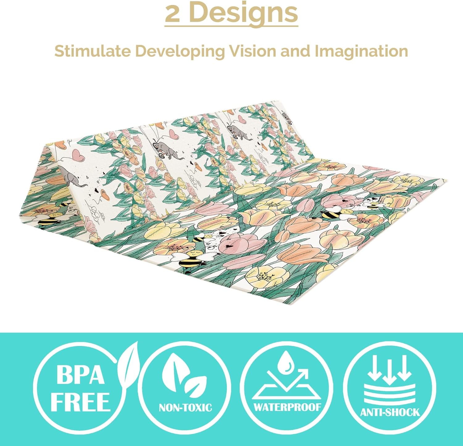 JumpOff Jo Foldable Foam Play Mat – Large Waterproof Baby & Toddler Activity Floor Mat, Double-Sided 70 x 59 Inch Play Surface