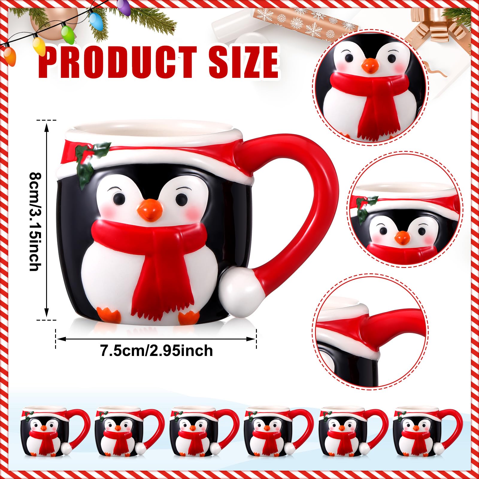 6 tazas de pingüino de Navidad de 325 ml, taza de café de Navidad personalizada para regalo para organizar las vacaciones, taza de pingüino, lindas tazas de cerámica personalizadas para