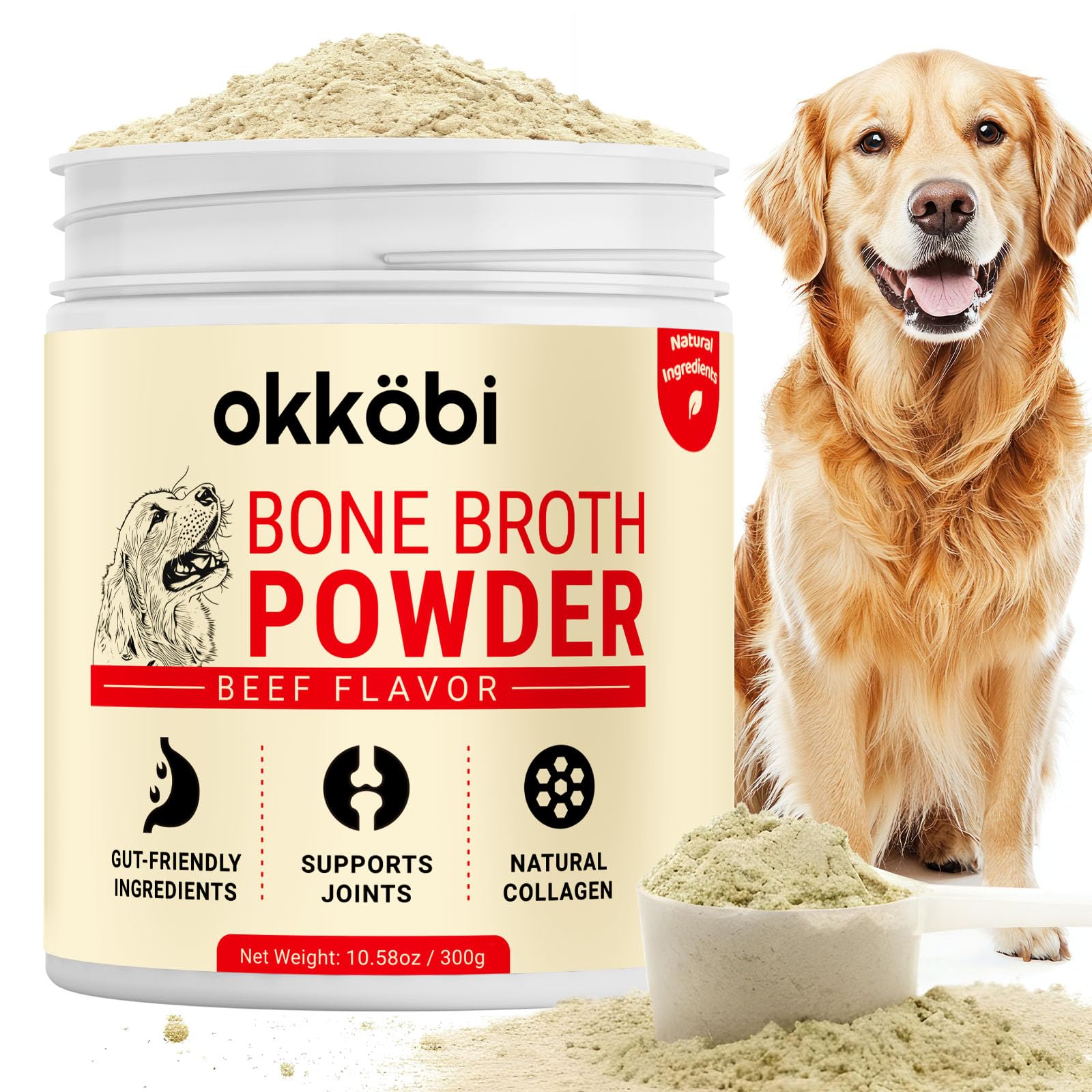 OKKÖBI Beef Bone Broth for Dogs - All-Natural Food Topper for Picky Eaters - Powder Supplement for Joint Health, Digestion & Hydration, 10.5oz