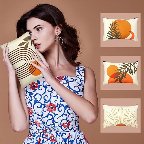 Miniatura 3 de Pinkunn 6 bolsas de maquillaje bohemias de lona para cosméticos, bolsa de maquillaje para monedero, Sunshine Ray, retro, de lino natural, con