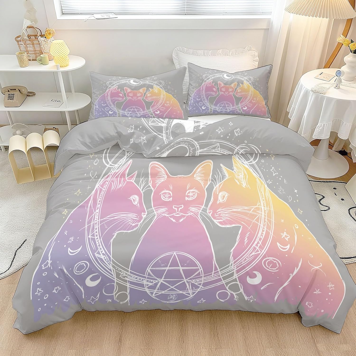Reversible Duvet Cover Set Cartoon Neon Cat Circle Rune Print Soft & Breathable Grey Microfiber Comforter Cover Set for Kids Teens Room Decor, Twin Size Bedding Set with Zipper Closure & Ties
