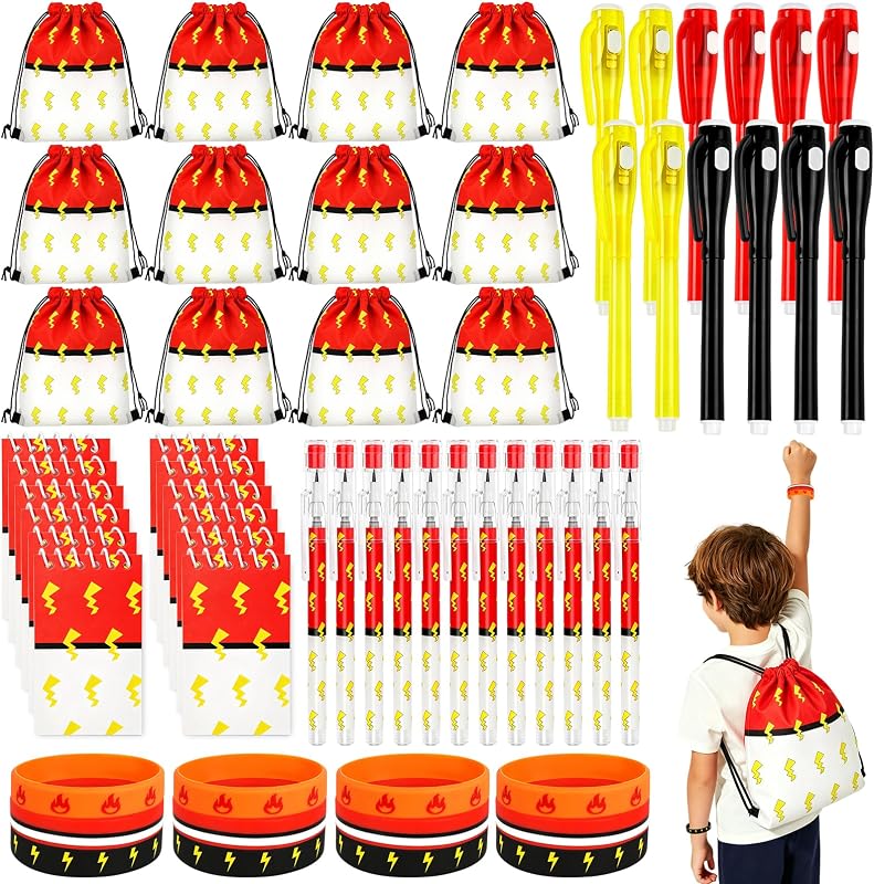 60Pcs Red White Cartoon Party Favors, Kids Birthday Supplies | Goodie Bag Fillers, Highlighters Pencils Notepads Bracelets, Back to School & Classroom Reward Prizes