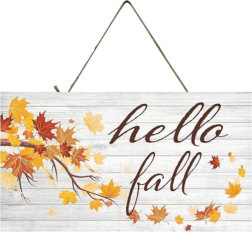 Letrero de madera con texto en inglés Hello Fall, decoración de casa de campo vintage, letrero de decoración de otoño de 10 x 5 pulgadas, arte de