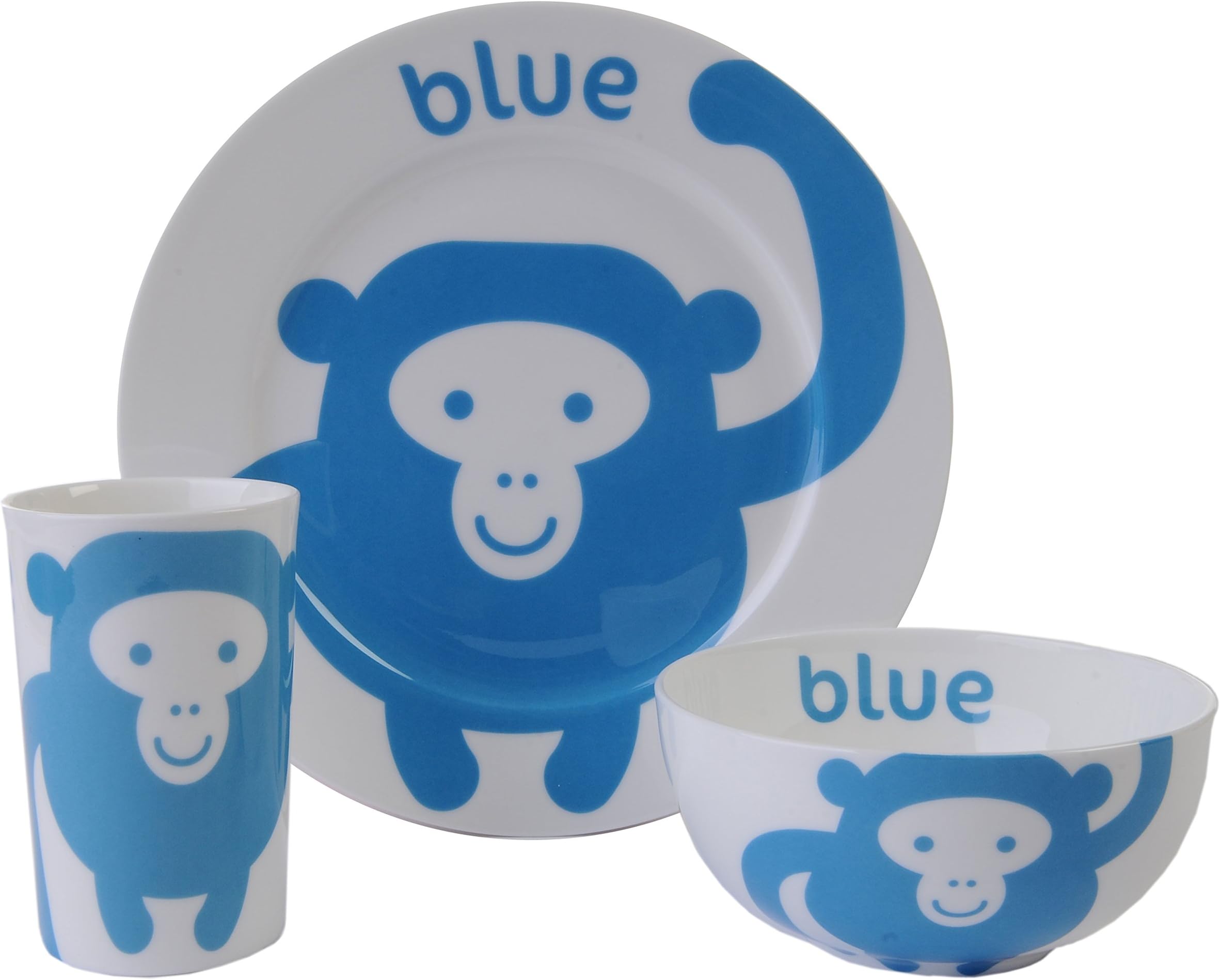 colourful dove Blue Monkey China Tableware Set for Children, Pink, Orange, Green, 3-piece