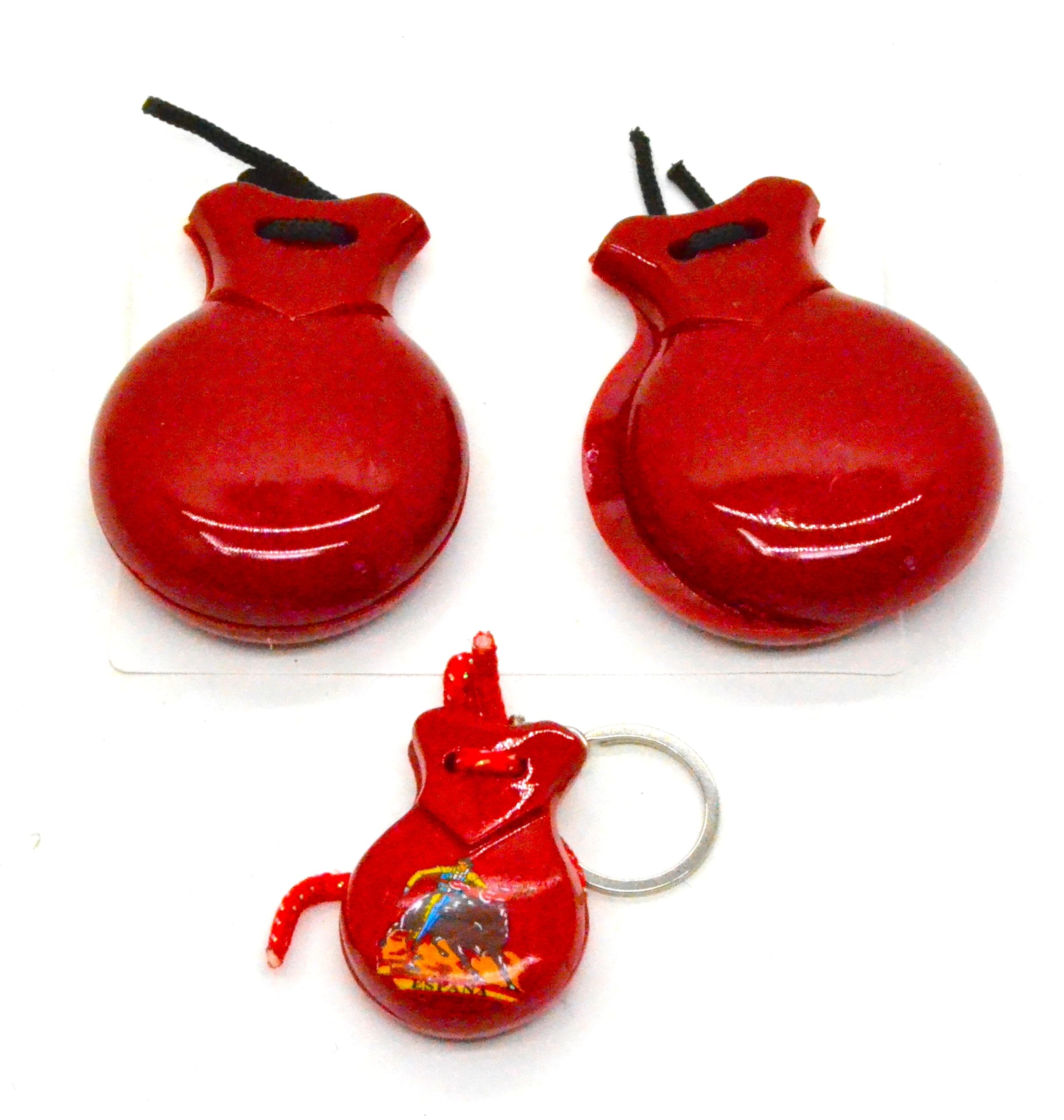 Red Wooden Castanets with Decorative Keyring, Flamenco Design, for Adults, Black/White