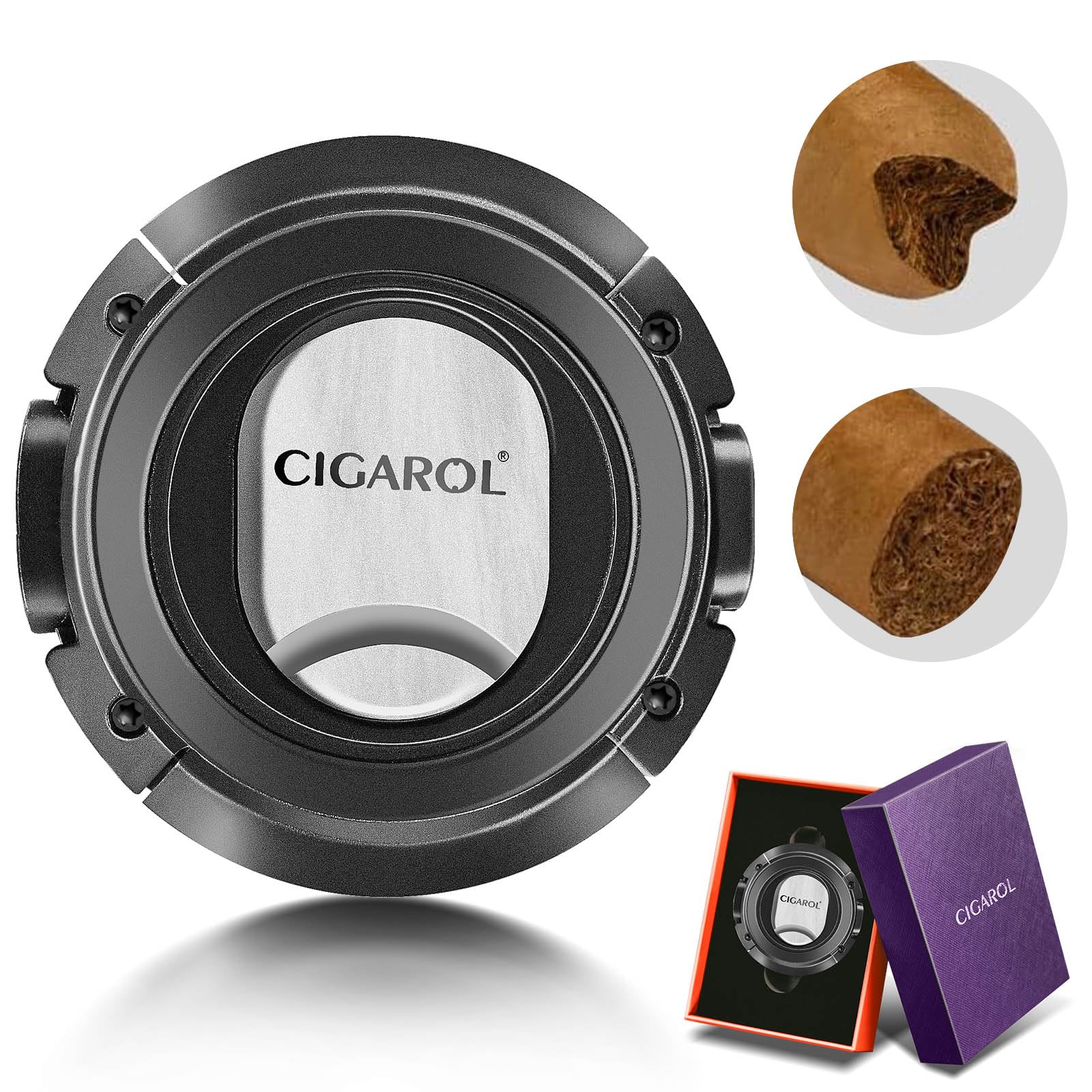 CIGAROL Cigar Cutter, Dual Blades - V-Cut & Straight Cut with Gift Box, Stainless Steel Guillotine Cutter for Most Cuban Cigar Sizes Portable Travel Size One-Handed Use Cigar Accessories (Black)