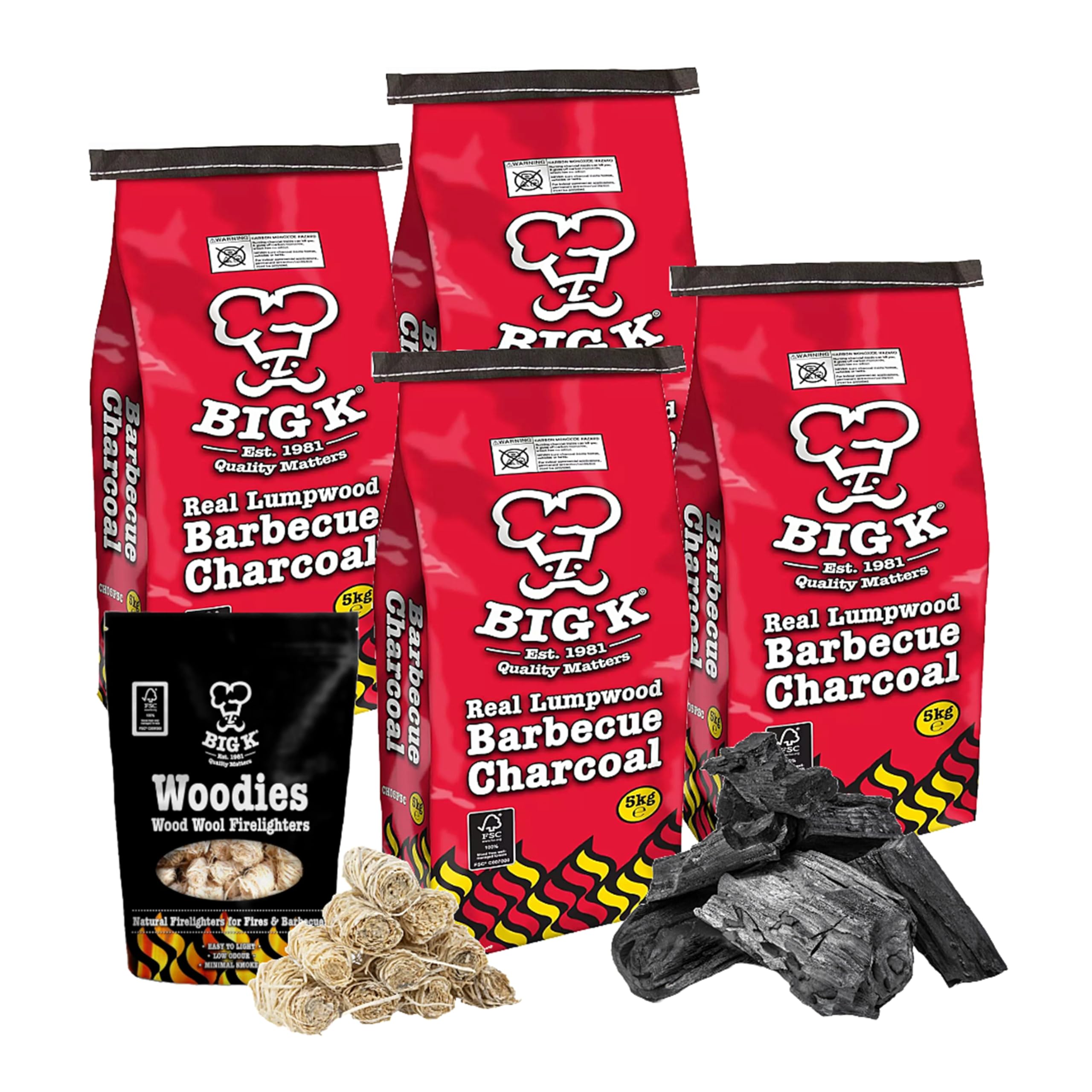 Big K BBQ Grill Charcoal Bulk - Pack of 4 x 5kg Real Lumpwood Charcoal Bags & 300g Woodies Wood Wool Natural Firelighters with Topline Card for Outdoor Barbeque, Fire Pit, Camping BBQs