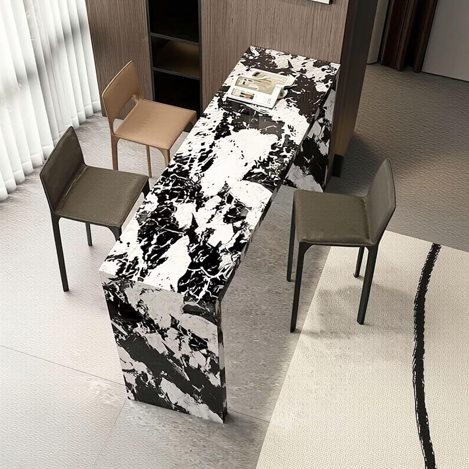 Bar Table - High Top Bar Table with Marble Pattern, Modern Living Room Tall Counter Includes Open Storage for Home Office (88IN No Chairs)