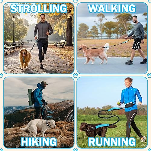 Miniatura 6 de Correa de perro manos libres con bolsa de cremallera, doble asa acolchada correa para correr para perros medianos y grandes, correa retráctil para
