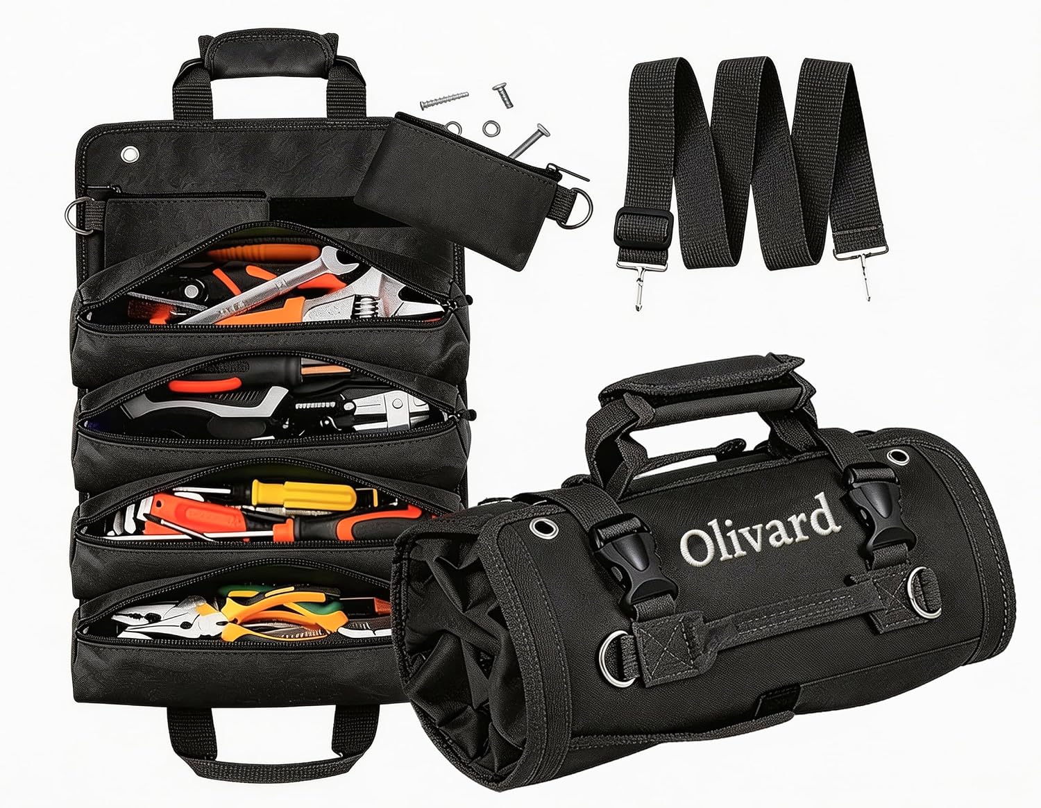 Personalized Roll Up Tool Bag with Embroidery Name Organizer Travel Tool Bag Gifts for Men Dad (Black)